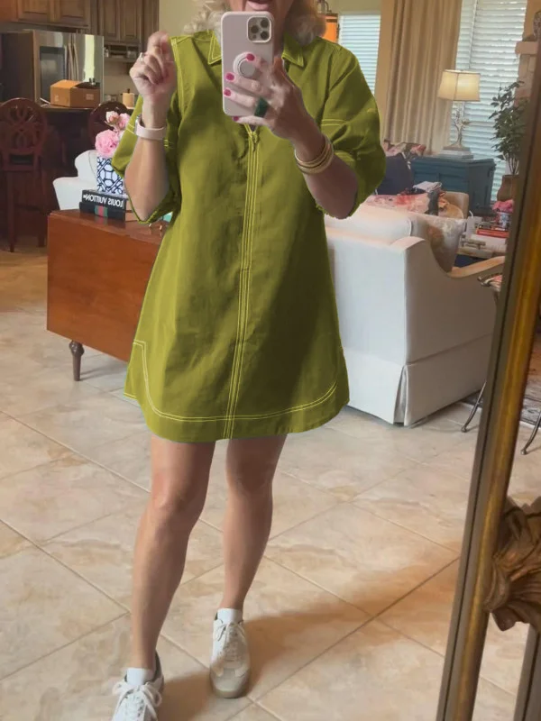 Puff Sleeve Green Mini Short Shirt Dress