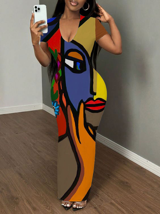 Colorful Abstract Face Print Short Sleeve Bodycon Maxi Dress