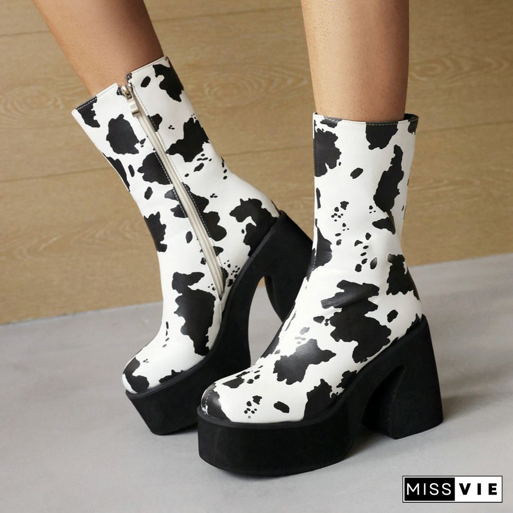 Zebra Cow Print Slip-On Platform Boots