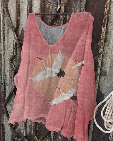 Japanese Flying Crane Full Moon Print Linen Tunic Shirt