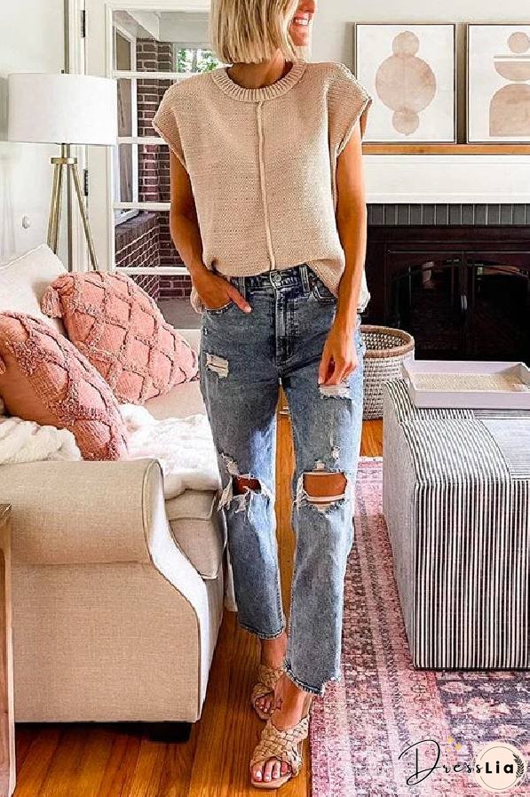 Crewneck Cap Sleeves Pullover Sweater