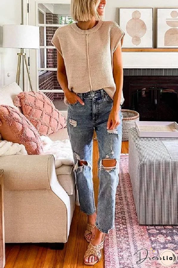 Crewneck Cap Sleeves Pullover Sweater