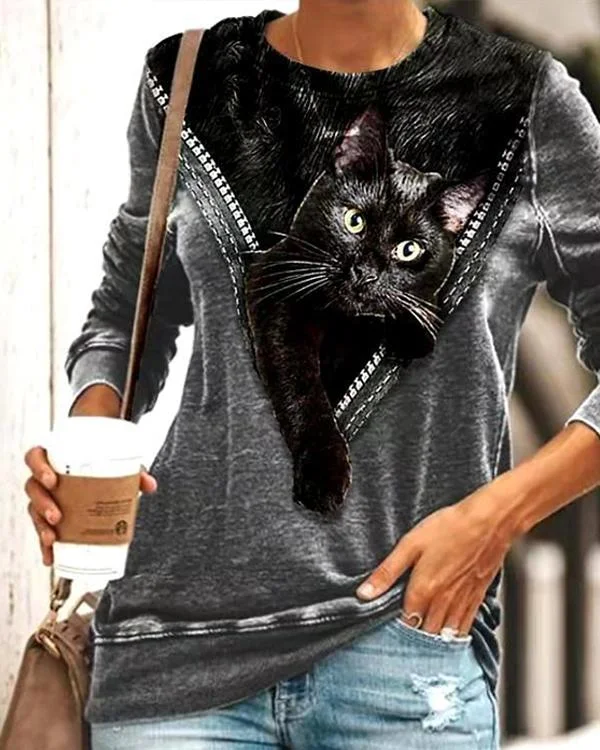 Women Cat Print Casual O Neck Long Sleeve Shirts