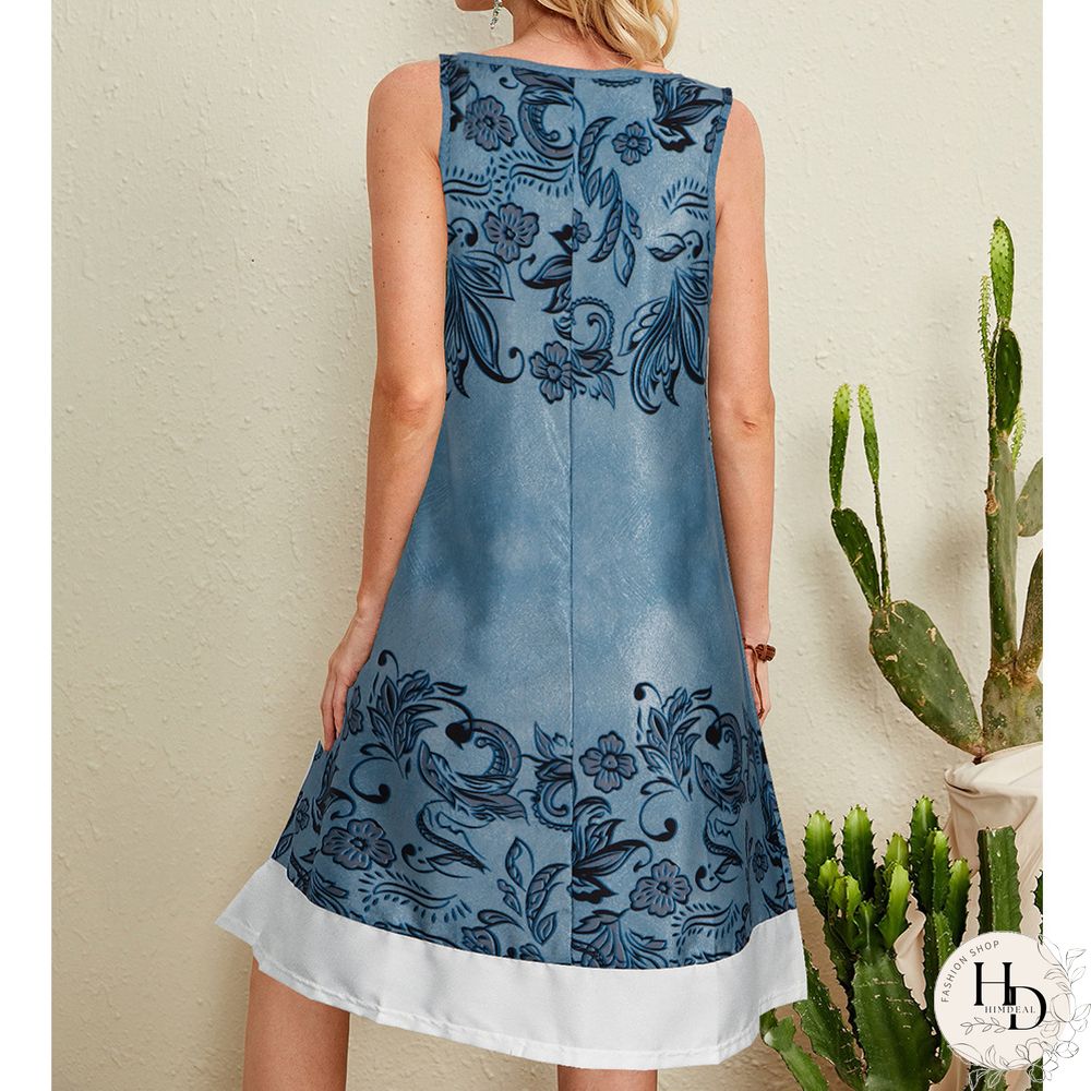 Short Hanging Bandwidth Loose Waist Pink Printed Large Swing Dress for Women