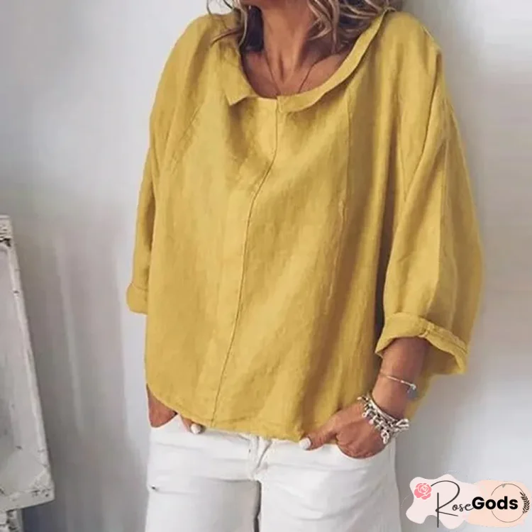 Women Long Sleeve Cotton Linen Casual Lapel Neck Tops Solid Blouse Tops Linen