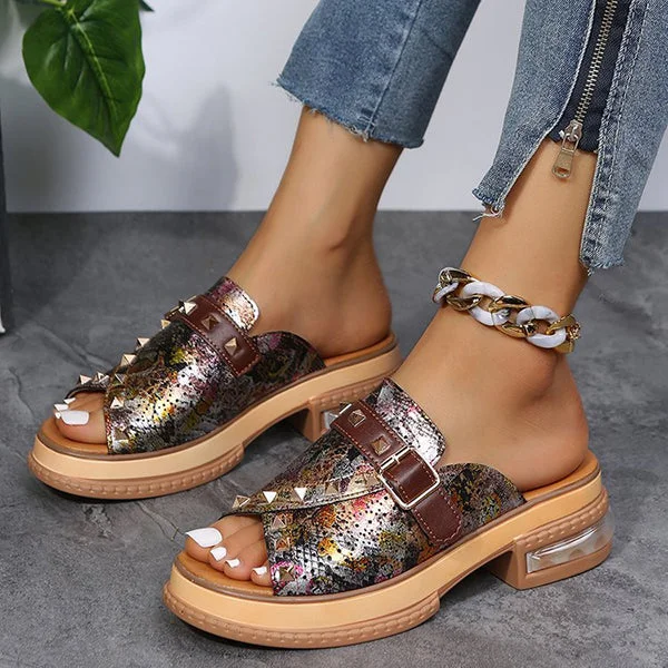 HUXM Fish Mouth Toe Colorblock Snakeskin Rivets Slippers
