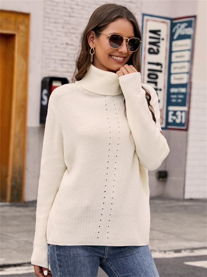 Solid Color Sweater Long Sleeve Pullover Knitted Bottom Shirt Versatile Loose High Neck Temperament Commuter Sweater