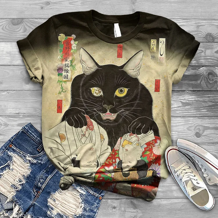 Retro Japanese Cat Demon Print Short Sleeve T-shirt