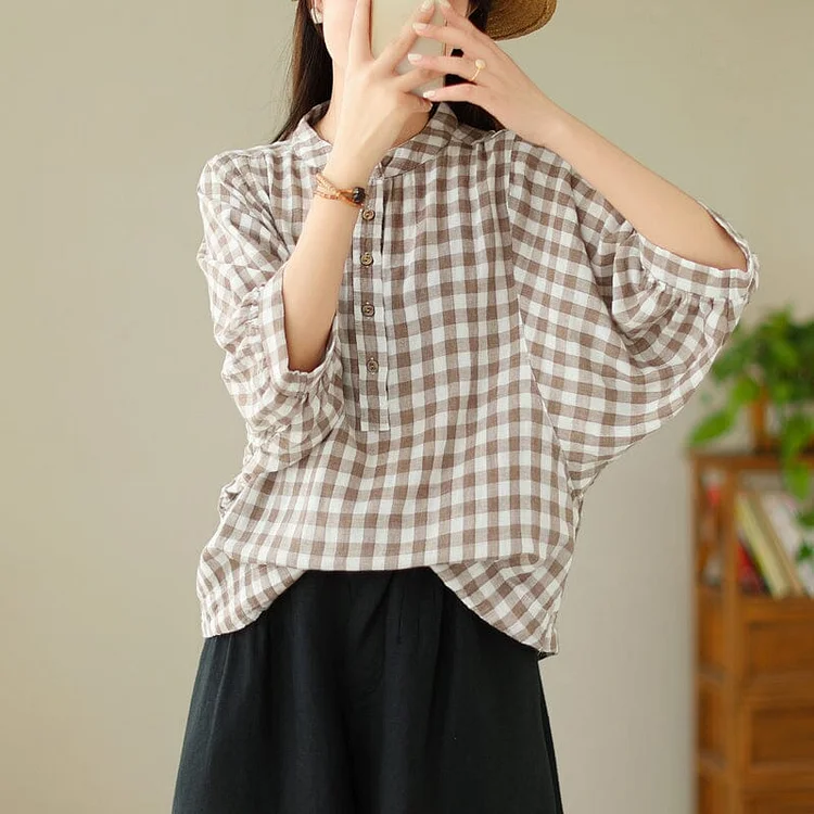 Women Loose Casual Summer Plaid Blouse