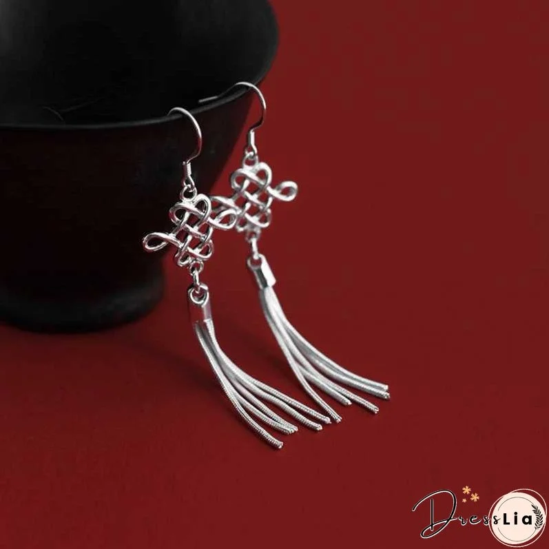 S925 Silver Art Retro Knot Tassel Earrings Elegant Bride Ethnic Style Ear Clip