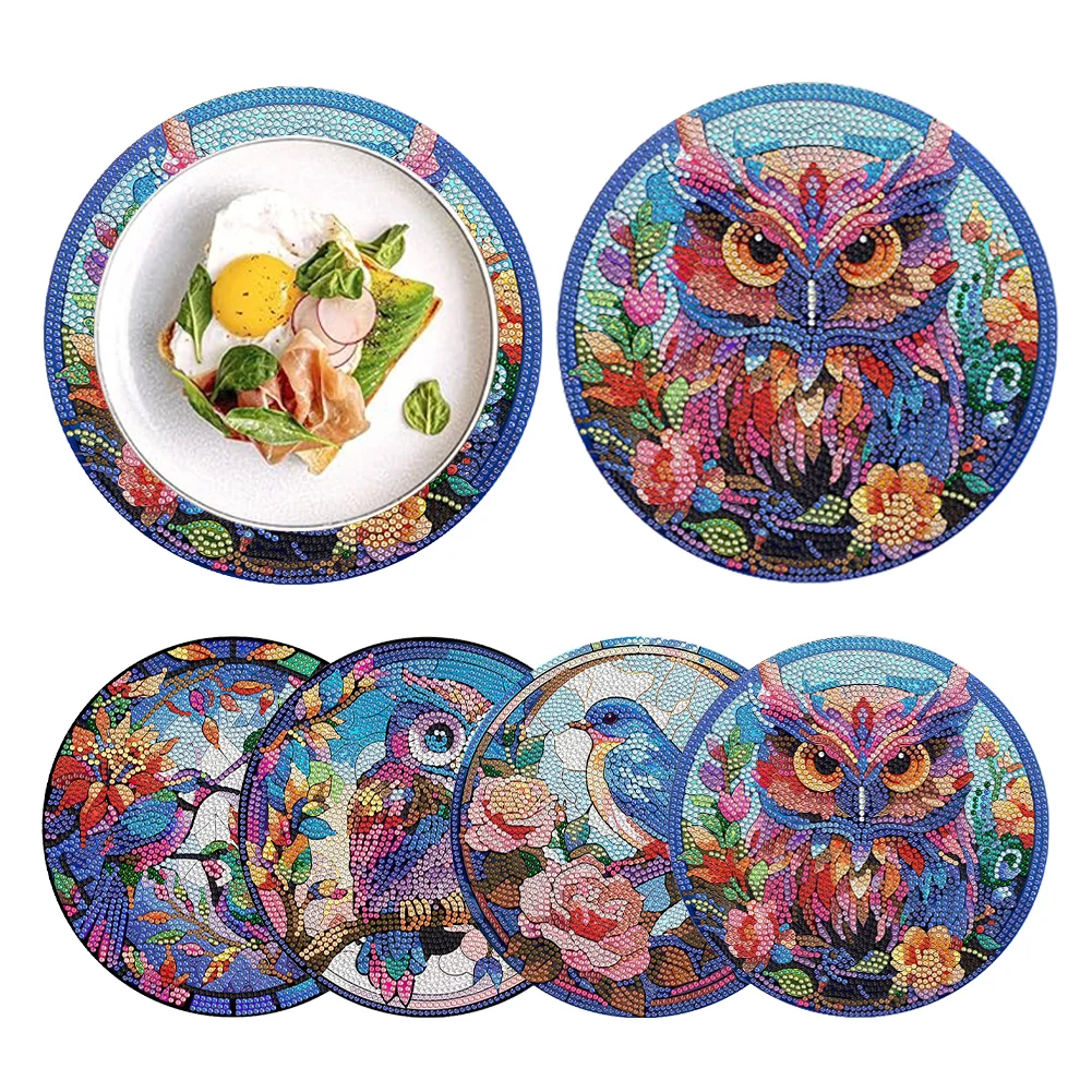 4 Pcs Colorful Animal Acrylic Diamond Painted Placemats with Holder