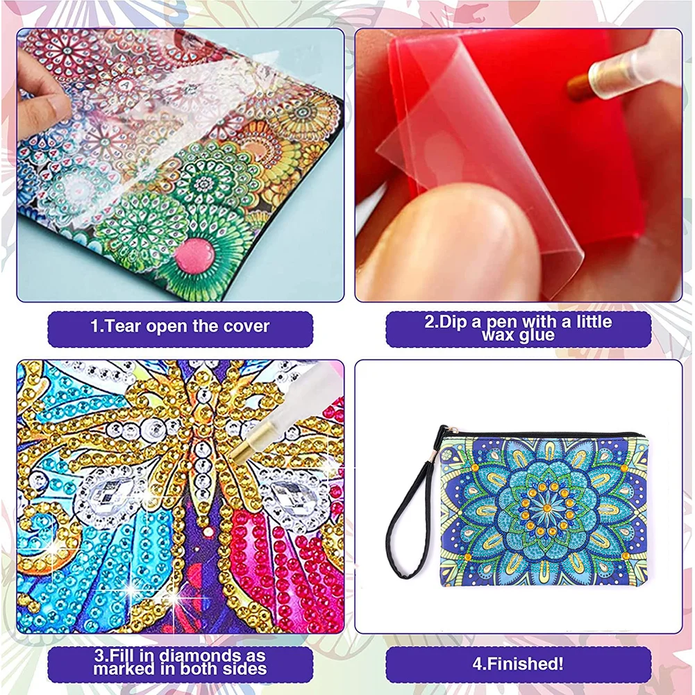 DIY Mandala Diamond Art Cosmetic Bag Flowers Single Sided PU Women Clutch