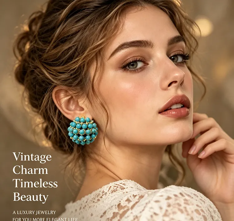 Vintage Turquoise Beaded Stud Earrings &ndash; Gold Tone Cluster Statement Earrings with Timeless Retro Charm