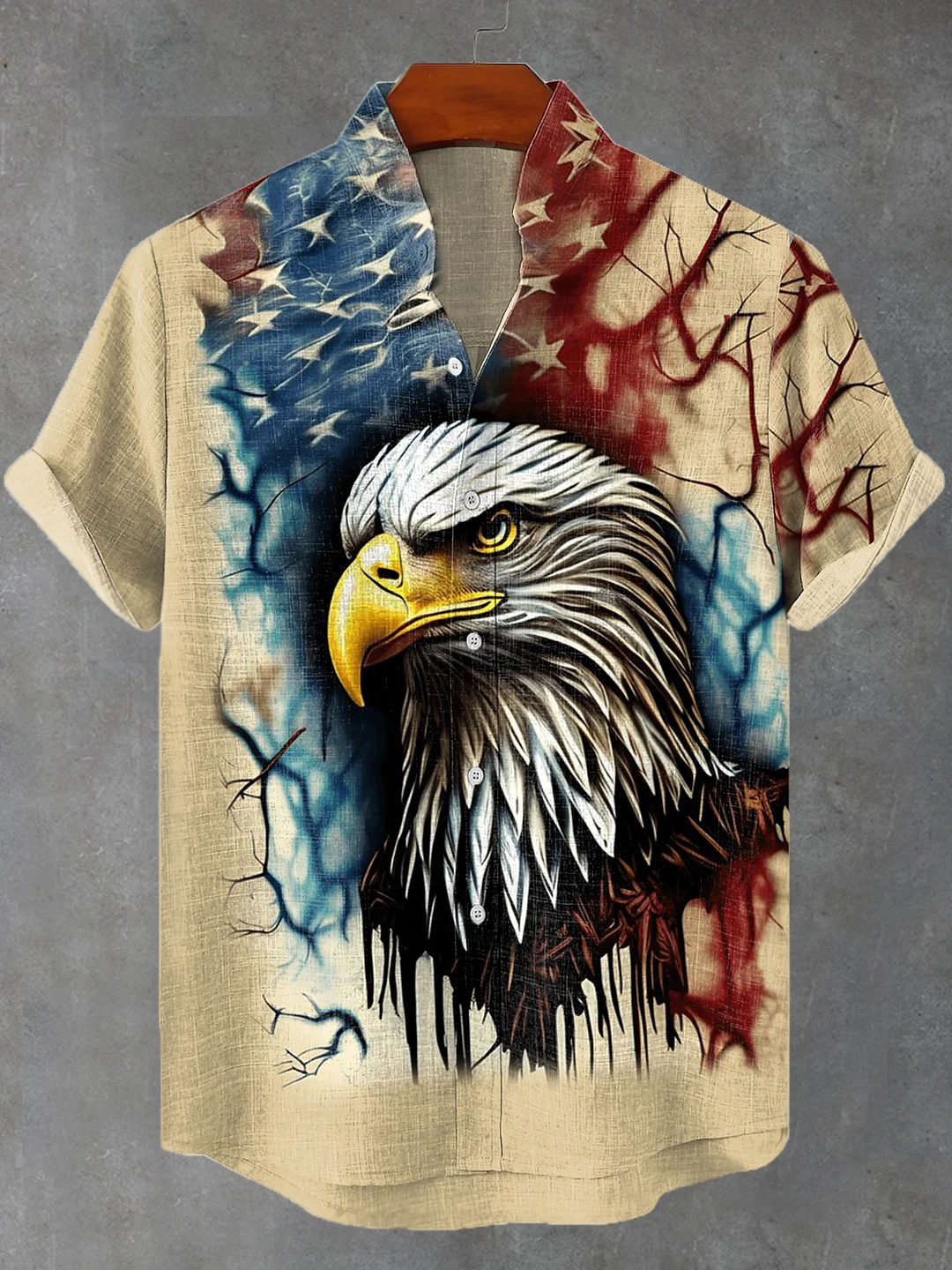 Men's Vintage American Eagle Proud Ink Painting Short Sleeve Linen Blend Shirt
