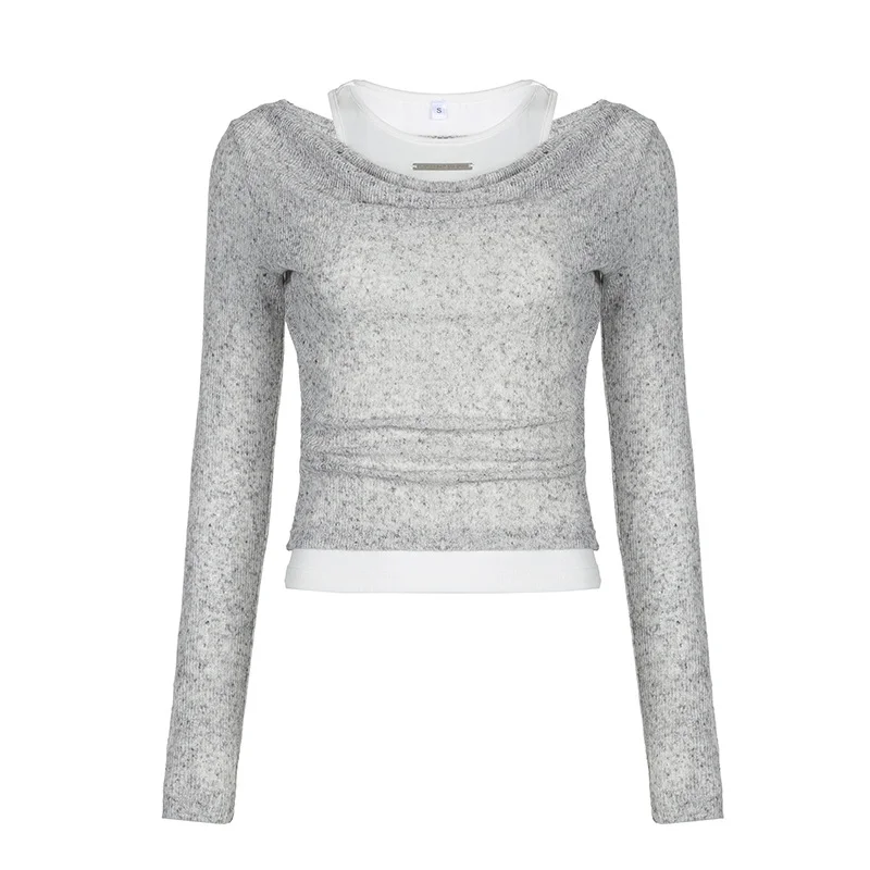Ueong Sense Of Retro Slim Vest Stack Collar Two-Piece Blouse Woman 2023 Slim Shoulder Knitted Long-Sleeved T-Shirt