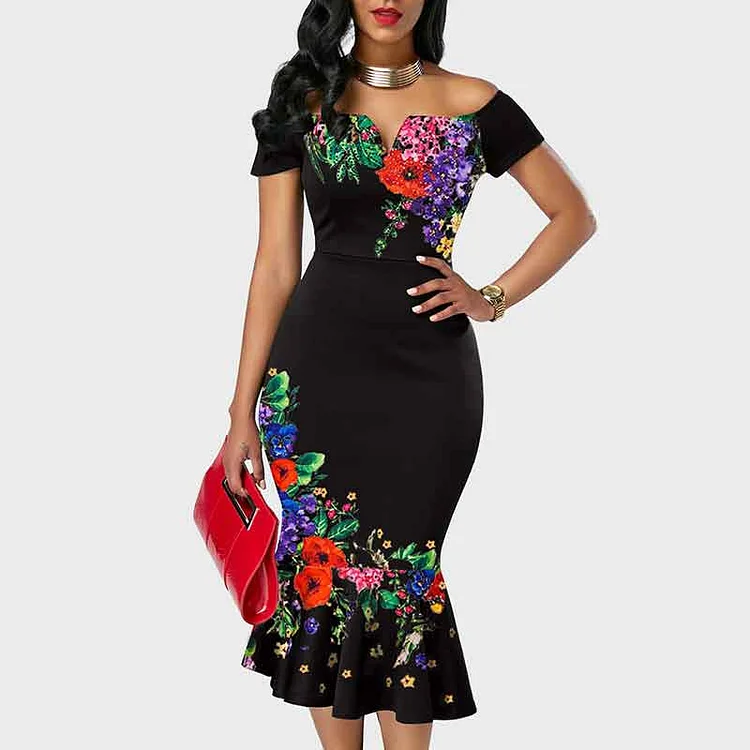 Floral Print Off Shoulder Ruffle Design Midi Dress - IRBOOM Fashion Clothing
