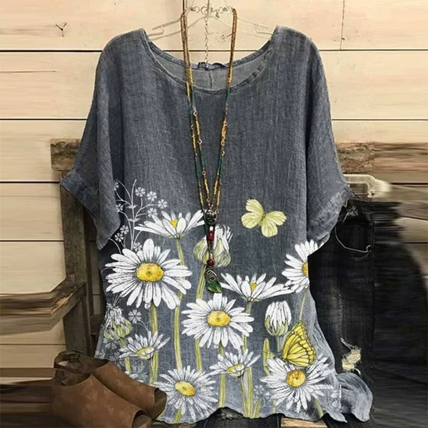 Daisy Print Round Neck Loose Casual Top