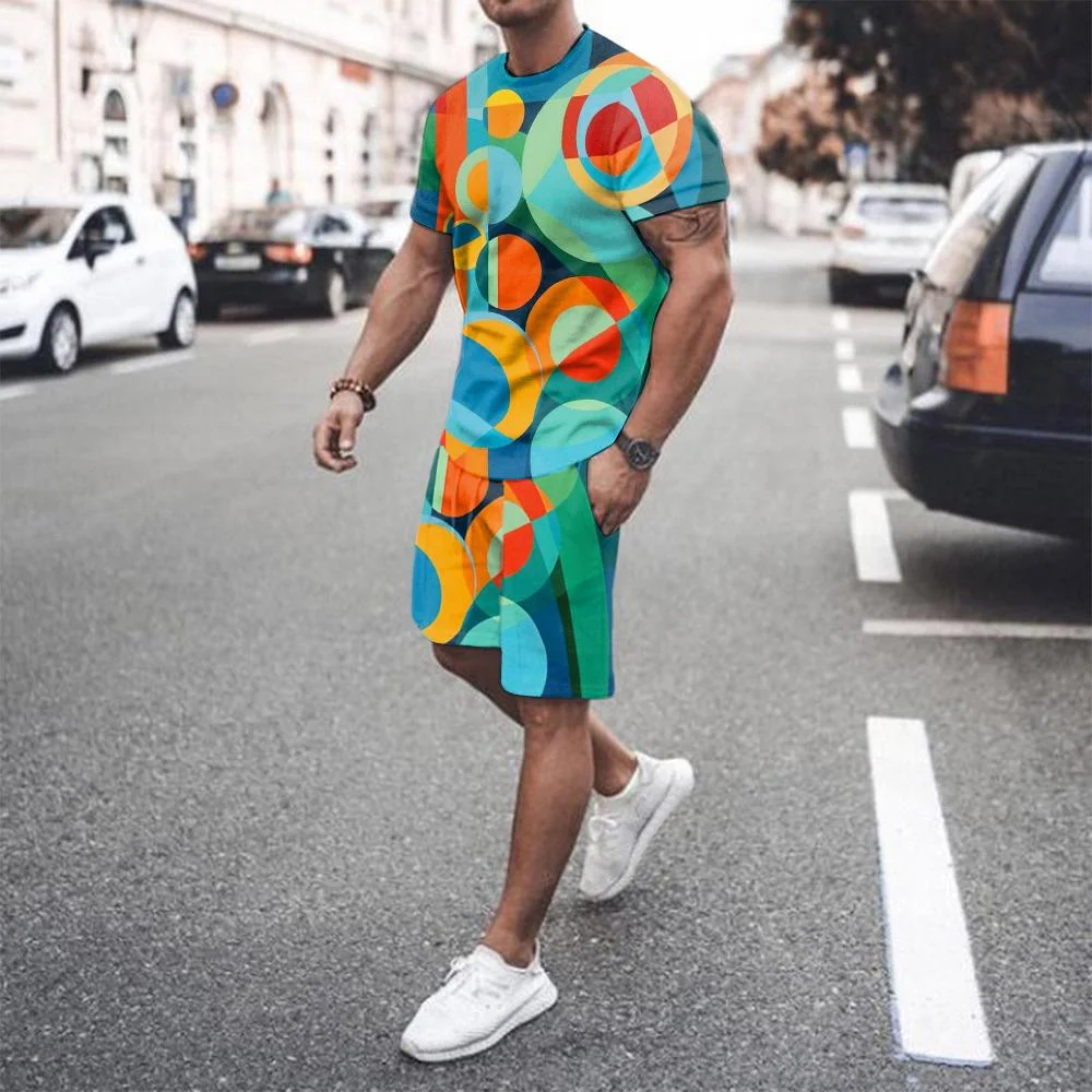 Men's Sports Multicolor Geometry Printed Shorts Suit