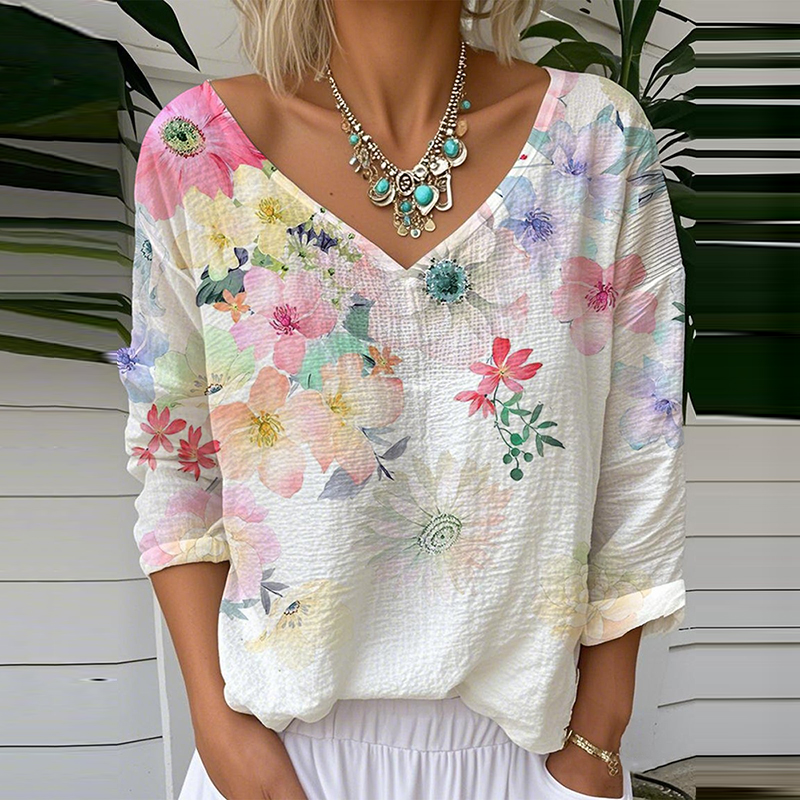 Comstylish Flower Print V-neck Linen Blend T-shirt