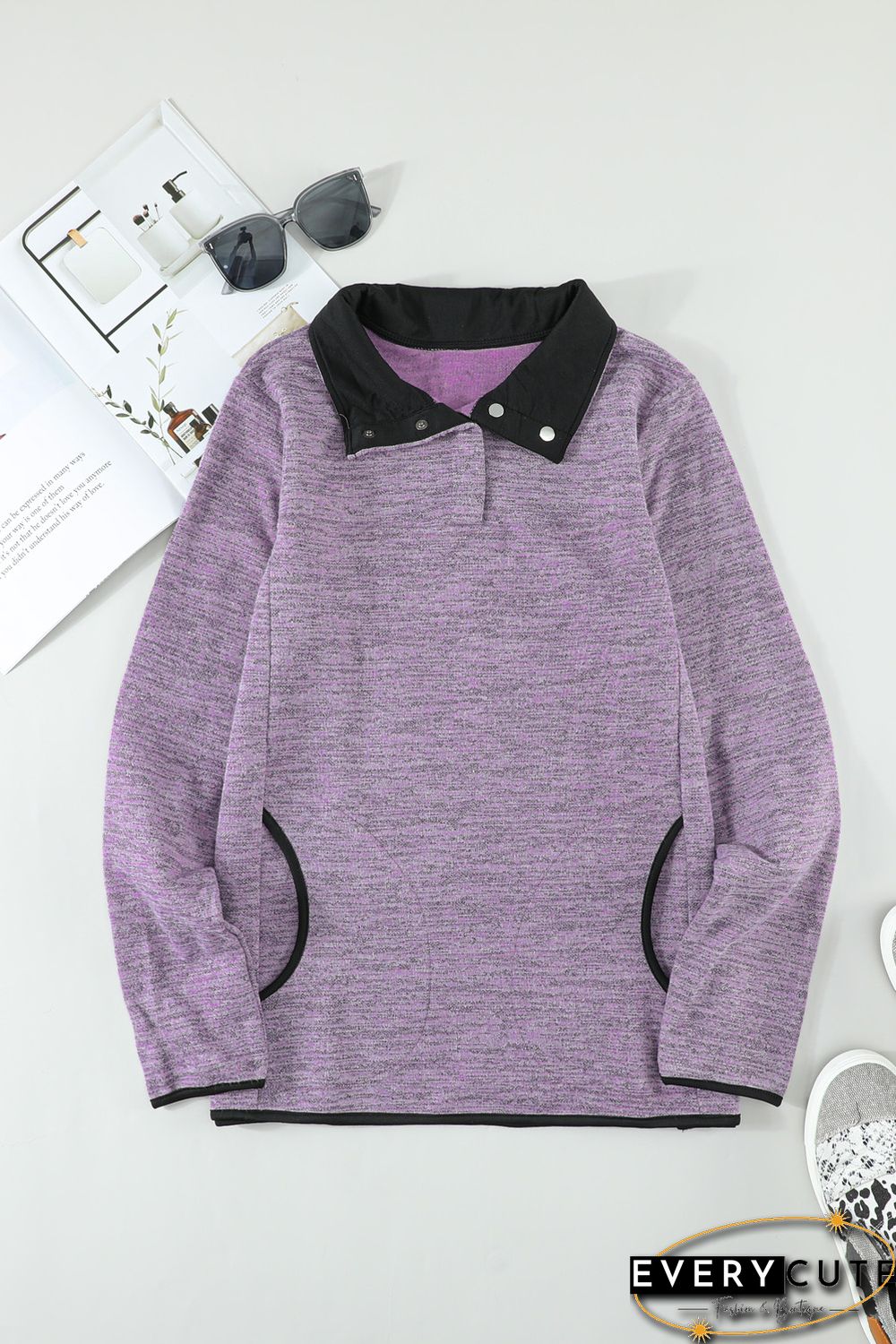 Purple Heathered Turn-down Collar Pullover Sweatshirt