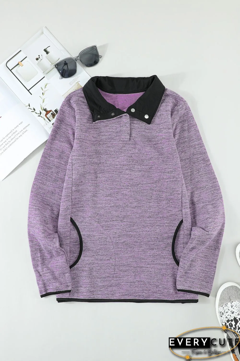 Purple Heathered Turn-down Collar Pullover Sweatshirt