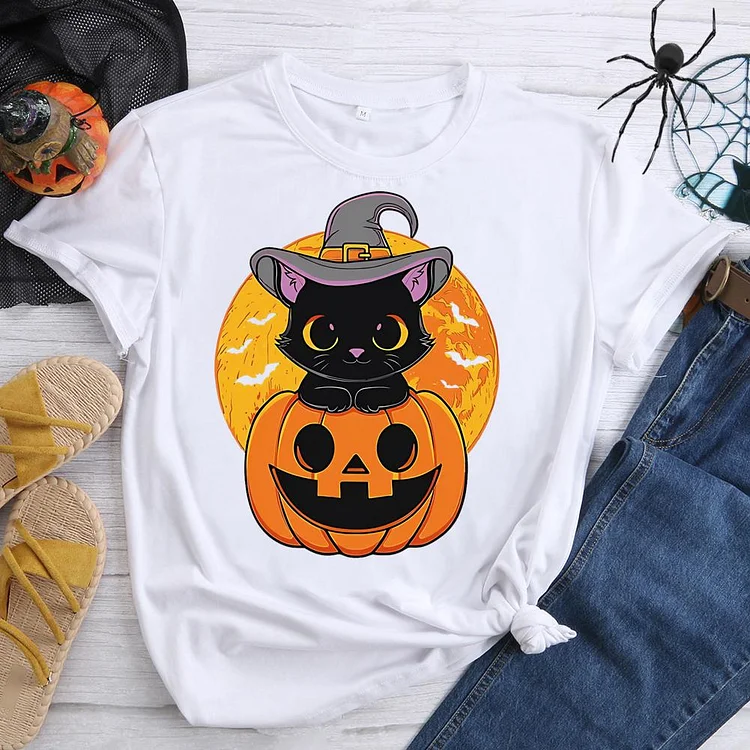 Halloween Cat Pumpkin Round Neck T-shirt-0019311