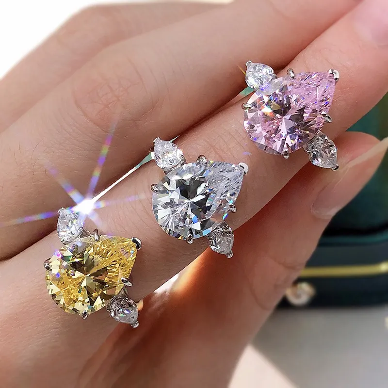 100% 925 Sterling Silver Sparkling 10*14mm Pear Multicolor High Carbon Diamond Wedding Rings For Women Fine Jewery Gifts 005