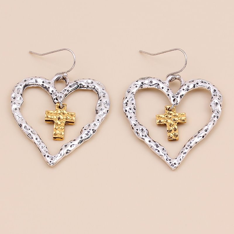 Vintage Cutout Heart Cross Earrings