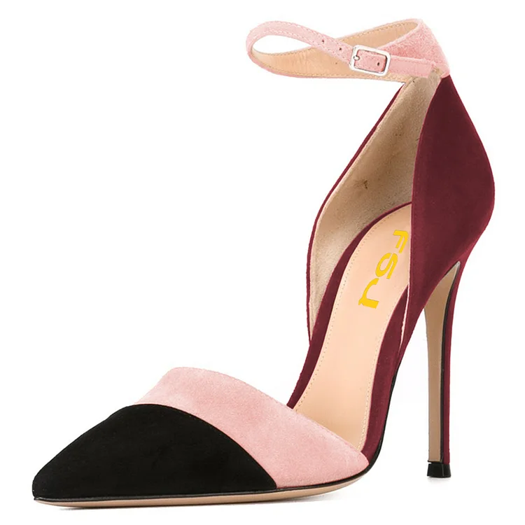 Black Pink and Plum Pointy Toe Stiletto Ankle Strap Heels Pumps |FSJ Shoes