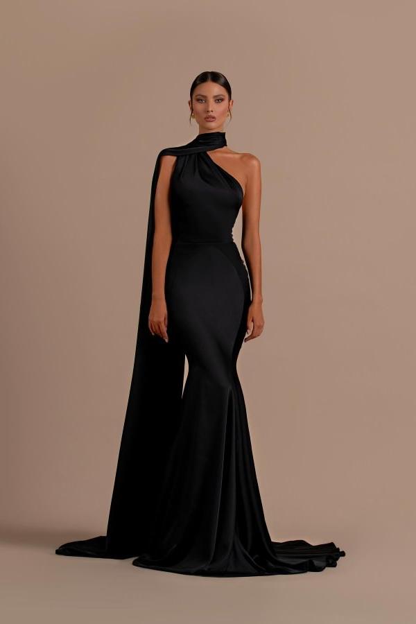 Oknass Black Chic High Neck One Shoulder Mermaid Stain Sleeveless Prom Dress