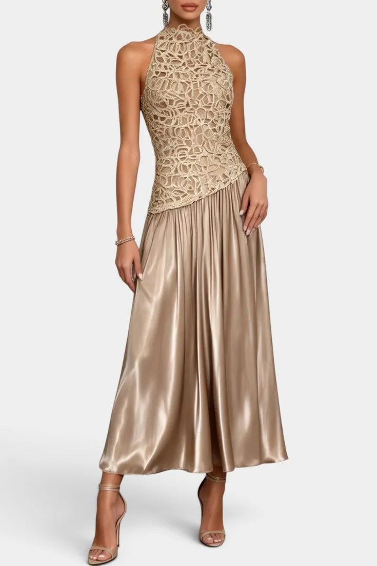Halter Neck Lace Top with Pleated Midi Skirt