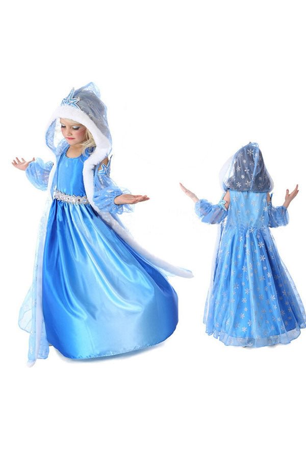 Halloween Sleeveless Dress With Hooded Cape Girl Frozen Elsa Costume-elleschic