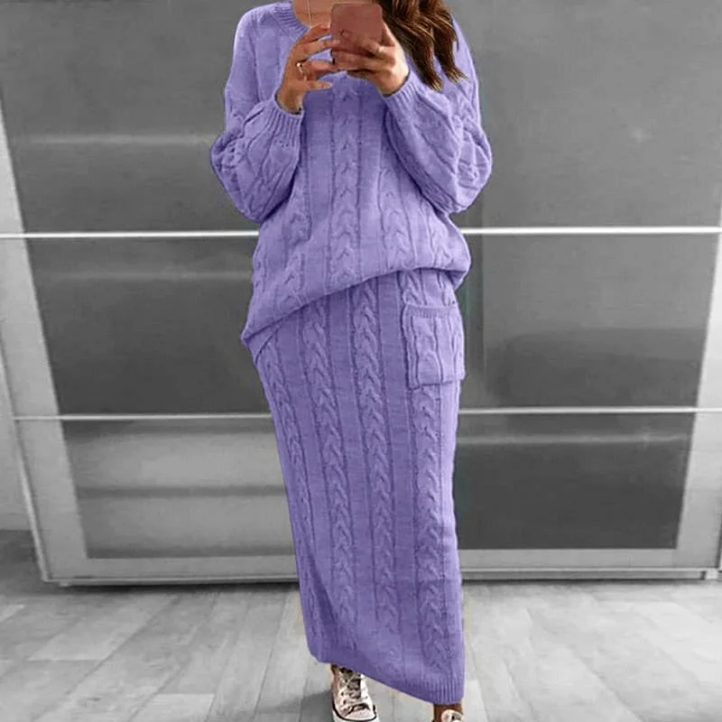 Muyogrt 2021 Autumn Women's Knitting Costume O-neck Solid Color Pullover Sweater+Slim Skirt Two Piece Set Knit Jumper Tracksuit