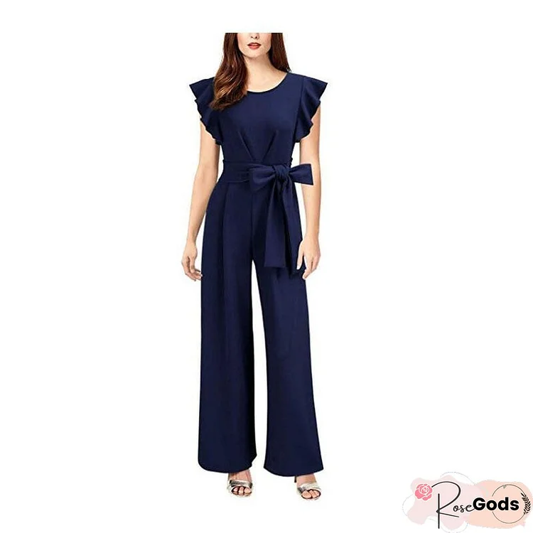 Wide Leg One-Piece Pants European and American Women's Dress Ruffle Sleeve Bandage Casual One-Piece Pants