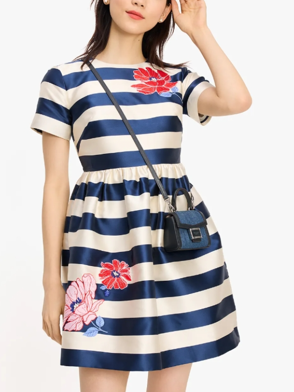 Striped Flower Trim Waist  Mini Dress