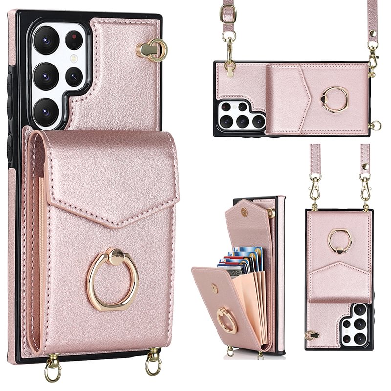 ✨New Release✨Fashion Leather Wallet Samsung Case with Ring Wrist Lanyard & Crossbody Strap