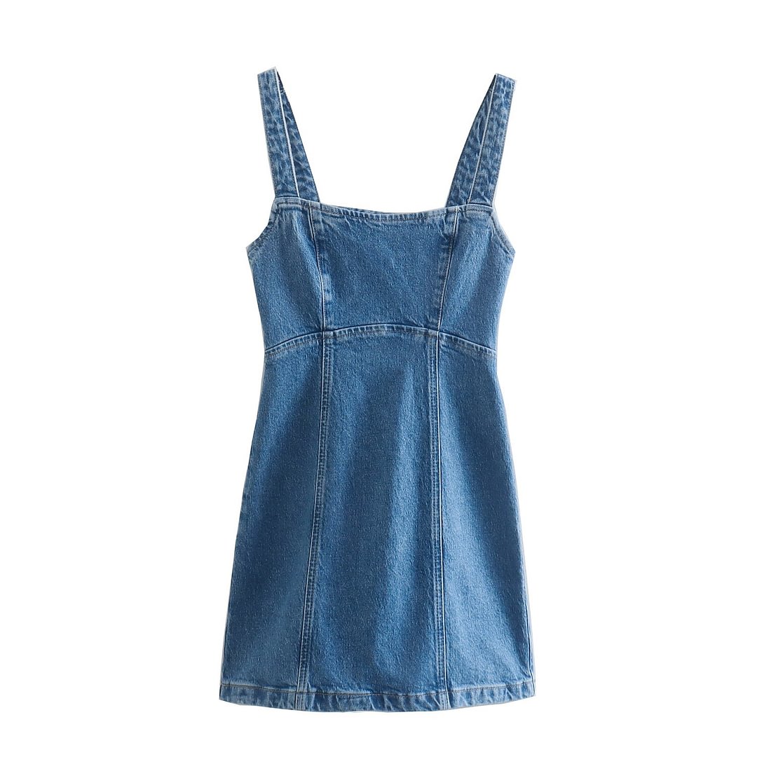 Applyw 2022 Women Fashion Short Denim Dress Woman Retro Straight Neck Wide Straps Back Lace Up Female Chic Mini Dresses