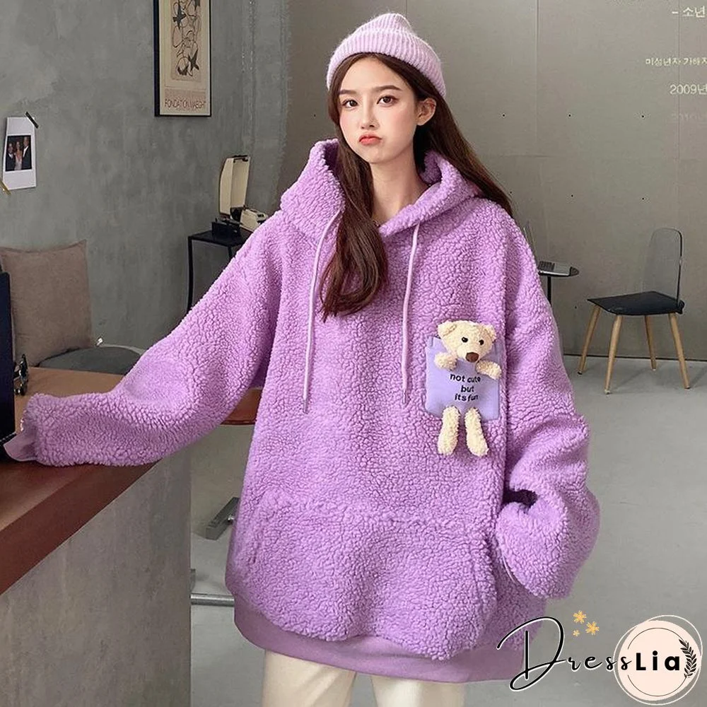 Kawaii Bear Fleece Winter Women Sweatshirts Hoodies Fashion Cute Doll Pullover Oversized Casual Loose Warm Clothes Streetwear