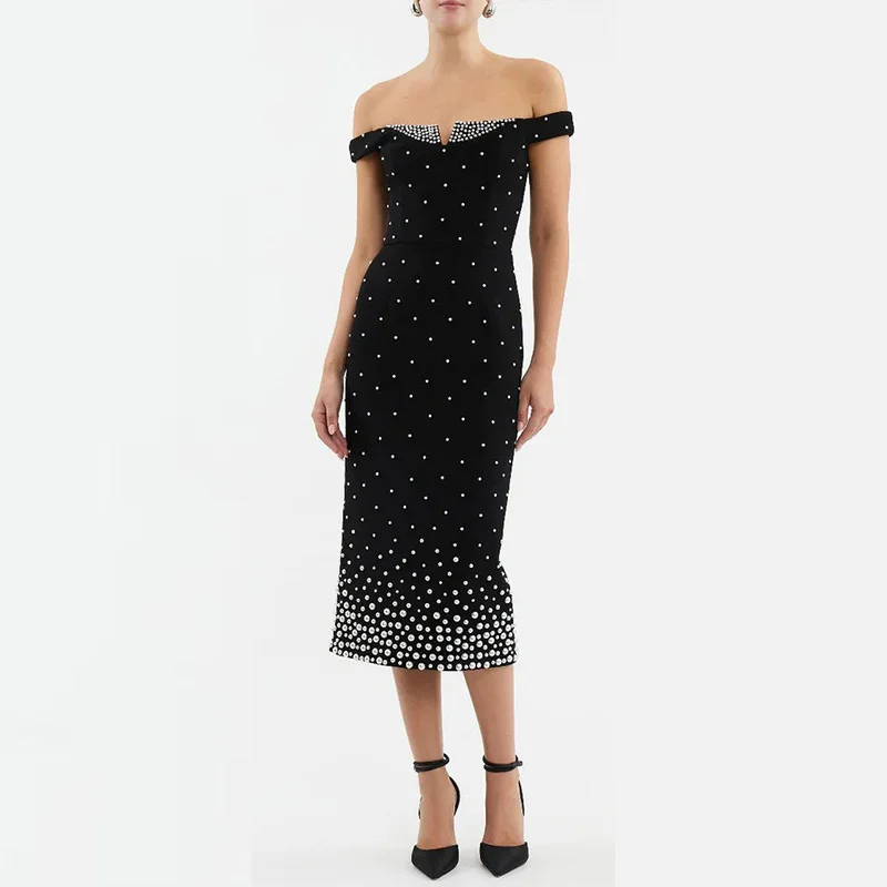 Brownm Sexy Style Dress Woman 2025 Spring New Elegant Shoulder Tight Diamond Dress Dress Woman