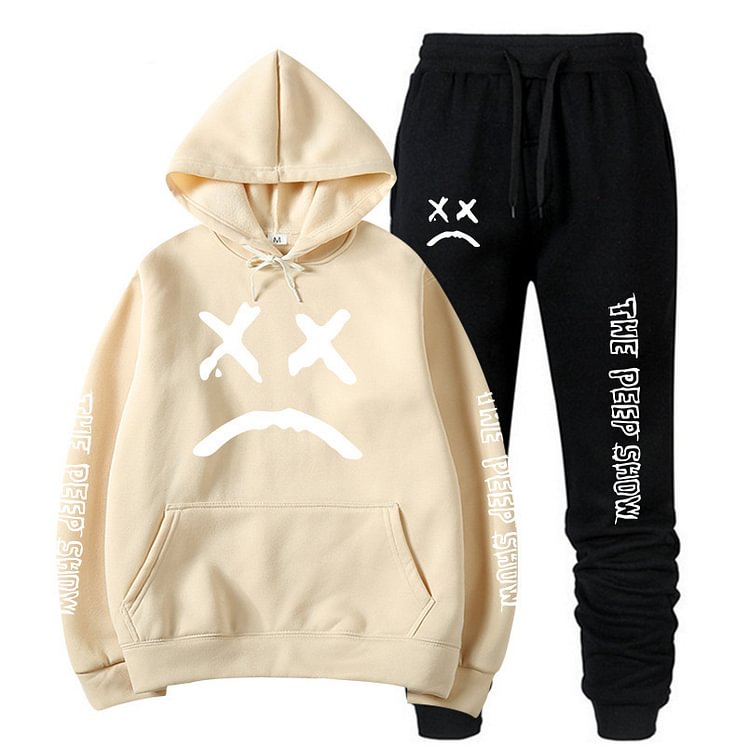 BrosWear Hooded Sad Letter Print  Mixed Color Tracksuit Two Piece Set