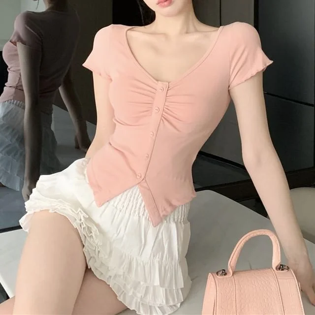 Waist Layered Short-Sleeve A-Line Slit Crop V-Neck Mini / Frill Tee Trim High Skirt Plain Ruched
