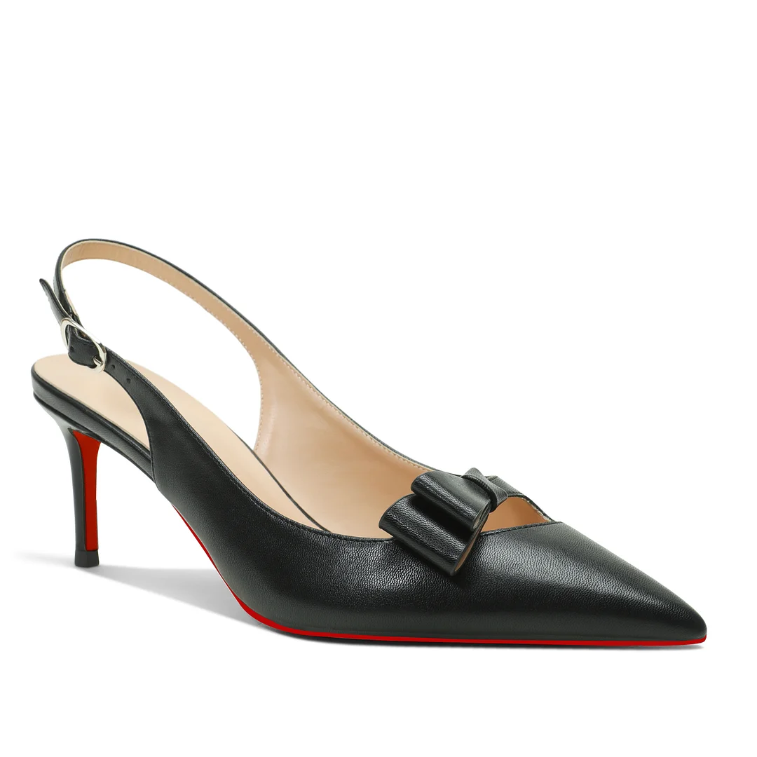 65mm Women's Pointed Toe Kitten Heels Bow-Knot Slingback Pumps Red Bottom Matte Sandals-MERUMOTE