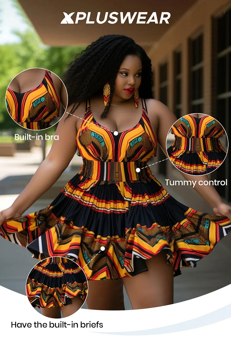 Xpluswear Design Plus Size Beach Multicolor African Ankara V Neck Swimsuit Fabric Swimwear Dress