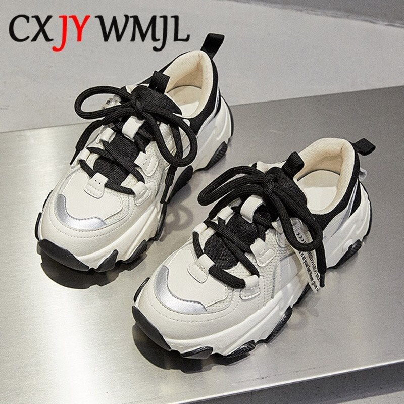 Spring Women Sneakers Platform Casual Shoes Genuine Leather Mesh Fashion Chunky Sneakers Autumn Thick Bottom Vulcanized Shoes