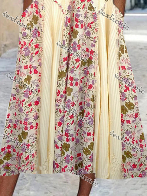 Women Short Sleeve Scoop Neck Floral Printed Stitching Maxi Dress