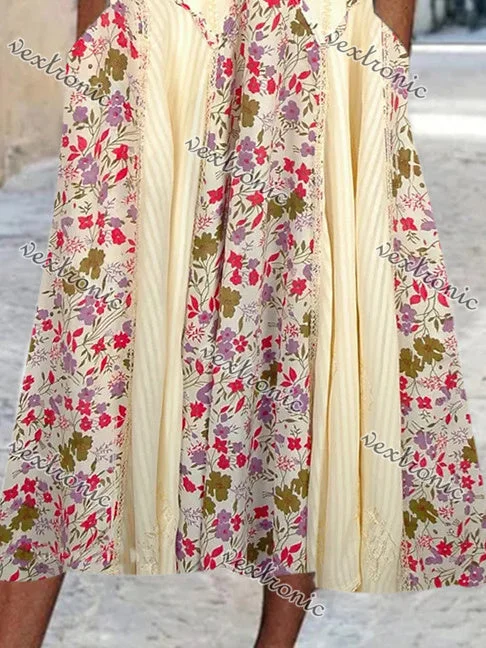 Women Short Sleeve Scoop Neck Floral Printed Stitching Maxi Dress