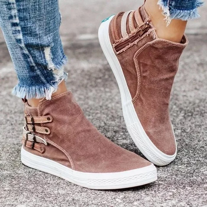 Women Zipper Buckle Flat Heel Sneakers Boots