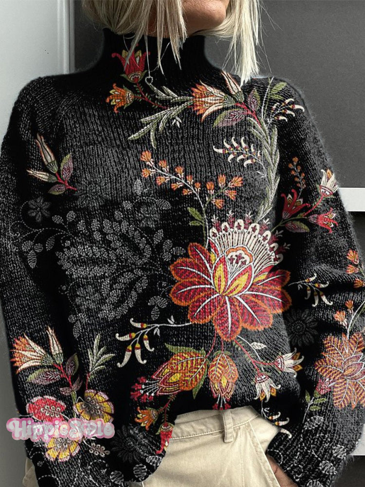 Women’s Floral Art Print Knit Turtleneck Pullover Sweater Multicolor / S