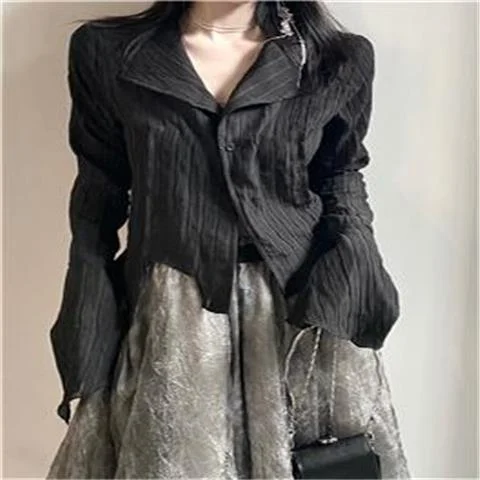 Retro Black Lapel Wrinkled Irregular Hem Long Trumpet Sleeve Shirt  