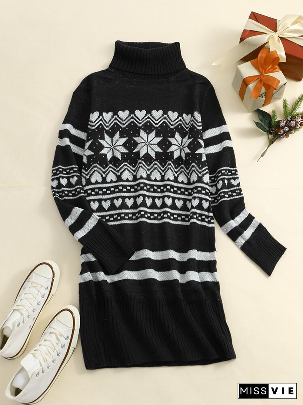 Christmas Snowflake Pattern Turtleneck Long Sleeve Knit Sweater
